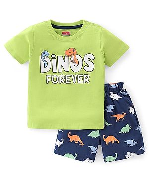 Babyhug Cotton Knit Half Sleeves Night Suit With Dino Print - Green & Blue