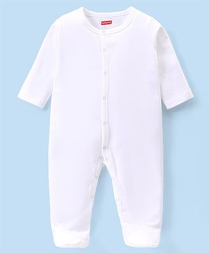 Babyhug Cotton Interlock Knit Full Sleeves Sleepsuit - White