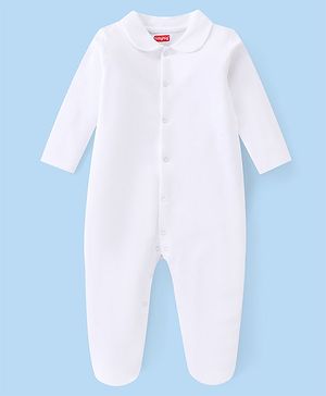 Babyhug Interlock Full Sleeves Front Open Solid Sleepsuit with Peter Pan Collar - White