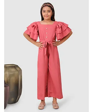 Jelly Jones Flutter & Layered Half Sleeves Solid Jumpsuit With Pearl Embelishment - Pink