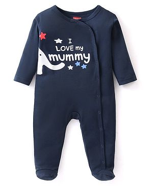 Babyhug Interlock Knit Full Sleeves Sleepsuit With Text Print- Navy Blue