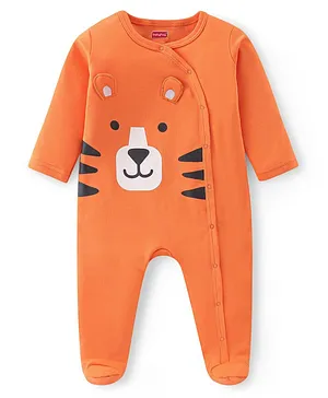 Babyhug Interlock Cotton Knit Full Sleeves Tiger Print Sleep Suit - Orange
