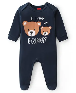 Babyhug Interlock Cotton Knit Full Sleeves Teddy Print Sleep Suit - Navy Blue