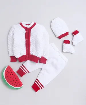 Little Angels Full Sleeves Front Open Sweater With Cap Socks & Pant -  White & Red