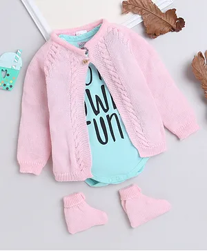 Little Angels Full Sleeves Front Open Cardigan With Printed Onesie & Socks -  Pink and Blue