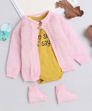 Little Angels Full Sleeves Front Open Cardigan With Printed Onesie & Socks - Pink & Mustard