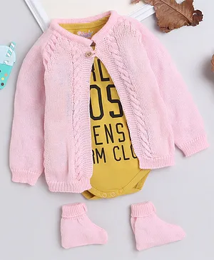 Little Angels Full Sleeves Self Design  Cardigan & World Most Text Printed Onesie With Socks  - Pink & Mustard Yellow