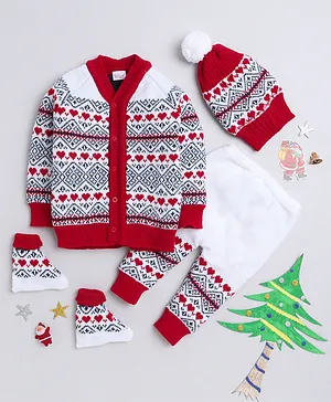 Little Angels Full Sleeves Heart Design Coordinating Sweater Set - Red & White