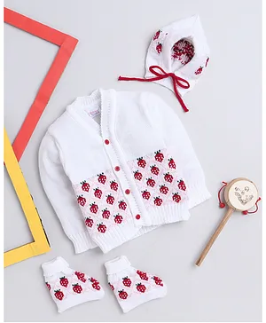 Little Angels Front Open Full Sleeves Strawberry Design Cap & Socks Sweater Set -  White