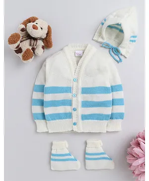 Little Angels Full Sleeves Striped Pattern Detailed  Cap Socks & Sweater Set -  White