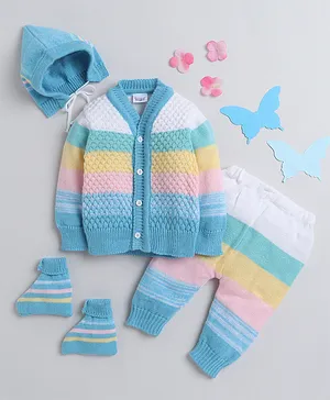 Little Angels Full Sleeves Striped Pattern Designed Coordinating Cap Socks Pant &  Sweater Set - Multi Color
