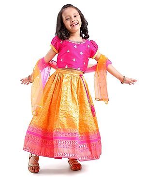 Babyhug Short Sleeves Banarsi Embroidered Choli with Brocade Lehenga & Dupatta - Mustard