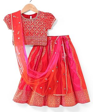Babyhug  Short Sleeves Embroidered Choli with Brocade Lehenga and Dupatta Set - Multicolor