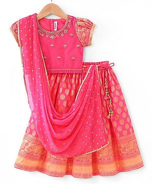 Babyhug  Short Sleeves Floral Embroidered Choli with Brocade Lehenga and Dupatta Se- Fuschia