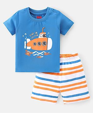 Babyhug Cotton Knit Single Jersey Half Sleeves Night Suit With Submarine Print - Blue & White