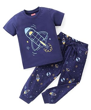 Babyhug Cotton Knit Half Sleeves Night Suit Space  Print - Navy Blue
