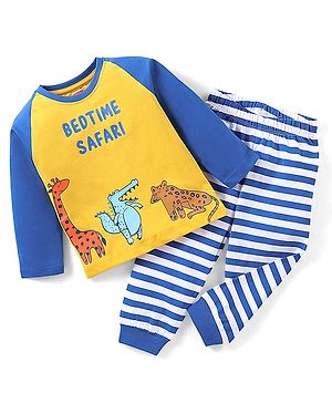 Babyhug Single Jersey Knit Full Sleeves Night Suit Animal Print - Yellow & Blue