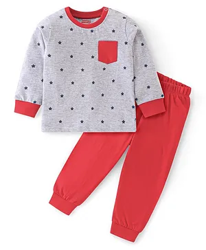 Babyhug Cotton Knit Full Sleeves Night Suit Star Print - Red