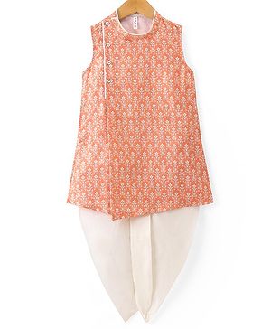 Babyhug Woven Full Sleeveless Kurta & Dhoti Set with Floral Digital Print - Orange