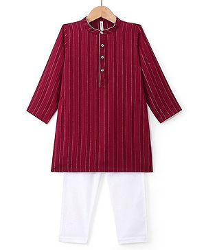 Babyhug Lurex Woven Full Sleeves Striped Kurta & Pyjama Set - Red