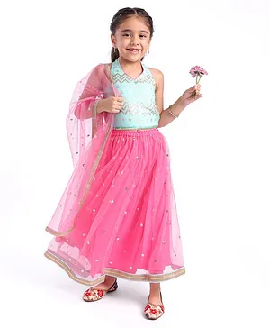 Babyhug Woven Sleeveless Glitter Printed Choli with Net Embroidered Lehenga & Dupatta Set - Pink