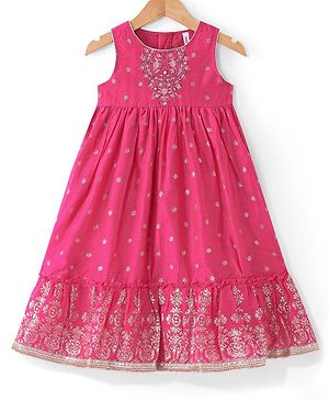 Babyhug Woven Sleeveless Ethnic Dress with Foil Print & Floral Embroidered - Fuschia