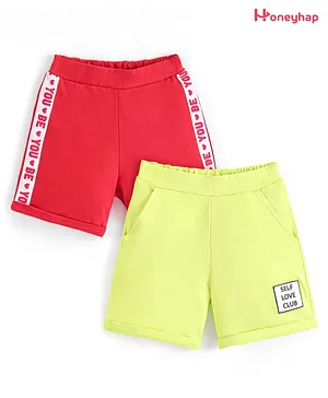 Honeyhap Premium 100% Cotton Looper Shorts With Bio Finish Text Print Pack Of 2 - High Risk Red & Sunny Lime