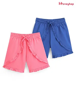 Honeyhap Premium  100% Cotton Looper Knit Shorts With Bio Finish Solid Colour Pack of 2 - Lemonade Pink & Lapis Blue