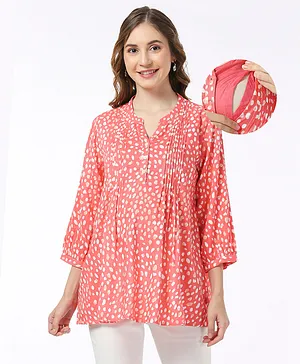 Bella Mama 100% Viscose Woven Three Fourth Sleeves Pintucks Maternity Top with Pocket Abstract Print - Peach