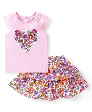 Babyhug Single Jersey Knit Half Sleeves Top & Skirt Set with Floral Print - Multicolour