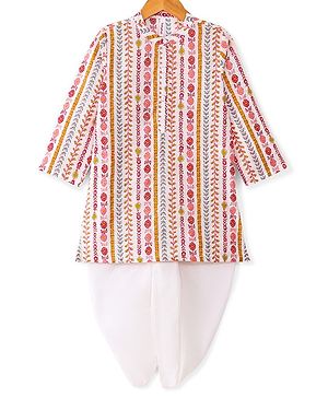 Babyhug 100% Cotton Woven Full Sleeves Floral Printed Kurta Dhoti Set- Off White