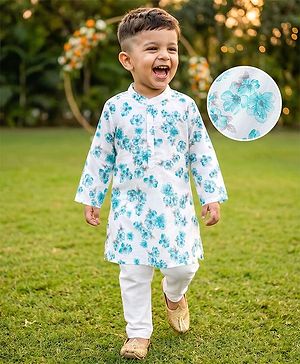 Babyhug 100%  Cotton Woven Full Sleeves Floral Printed Kurta Pyjama Set- Blue