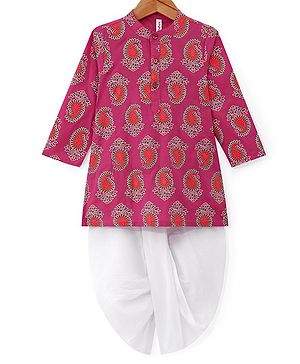 Babyhug 100% Cotton Woven Full Sleeves Kurta & Dhoti Set With Floral Print - Pink