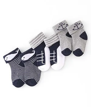 Cutewalk By Babyhug Anti-Bacterial Ankle Length Socks Striped Anchor & Whale Design Pack Of 3- Black & White