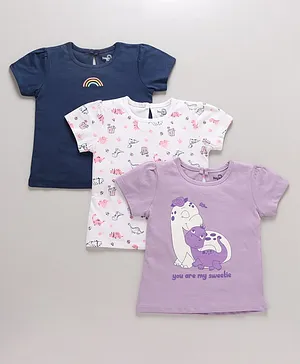 Doodle Poodle 100% Cotton Half Sleeves Dino Printed T-Shirts Pack of 3 - Navy White & Purple