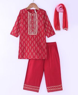 Babyhug Cotton Woven Three Fourth Sleeves Foil Printed Kurti Palazo  Set with Dupatta - Maroon