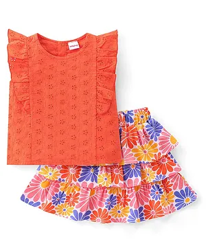 Babyhug Cotton Knit Frill Sleeves Embroidered Top & Floral Printed Layered Skirt - Multicolour