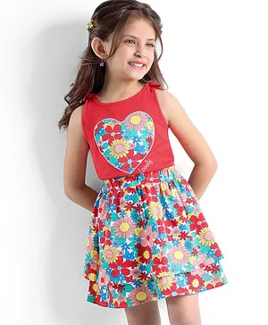 Babyhug 100% Cotton Knit Sleeveless Top & Skirt Set with Knot Detailing & Floral Print - Red
