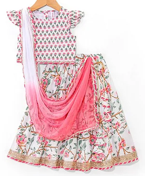 Babyhug 100% Cotton Woven Half Sleeves Choli Lehenga With Dupatta Floral Print - White & Pink