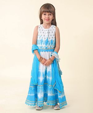 Babyhug Cotton Woven Sleeveless Embroidered Choli with Crinckled Tie & Dyed Lehenga & Dupatta Set - Blue