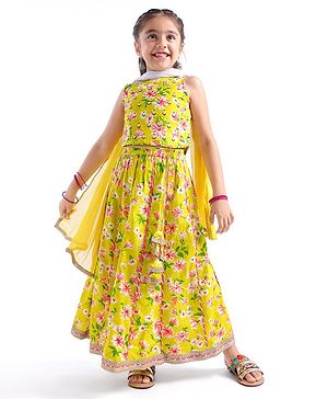 Babyhug 100% Cotton Woven Sleeveless Choli Lehenga With Dupatta Floral Print - Light Green