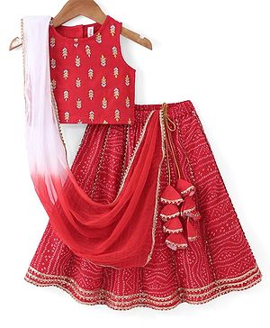 Babyhug Cotton Woven Sleeveless Embroidered Choli With Printed Lehenga & Dupatta Set - Red
