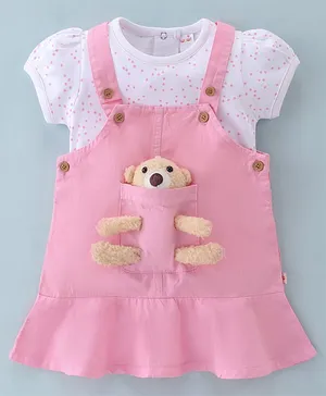 Wow Clothes Cotton Woven Frock With Half Sleeves Inner T-Shirt & Teddy Applique - White & Pink