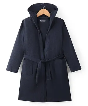 Pine Kids Cotton Full Sleeves Solid Bath Robe with Hood - Navy Blue