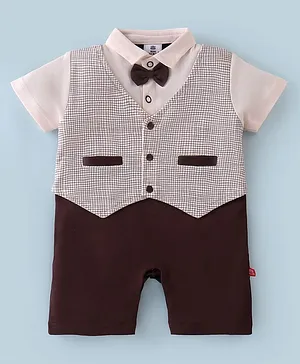 Mini Taurus Cotton Knit Half Sleeves Romper with Attached Waistcoat  & Bow Applique - Brown
