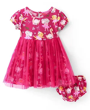 Babyhug 100% Cotton Jersey Knit Half Sleeves Frock With Bloomer Mesh Detailing Bunny Print - Wine Pink