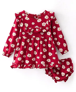Babyhug Cotton Jersey Full Sleeves Floral Printed Frock With Bloomer - Red