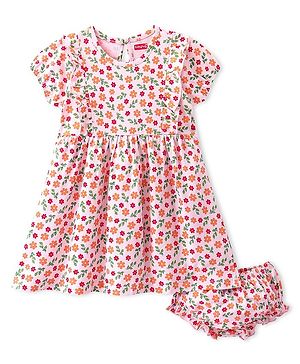 Babyhug Cotton Jersey Knit Half Sleeves  Frock with Bloomer Floral Print - White