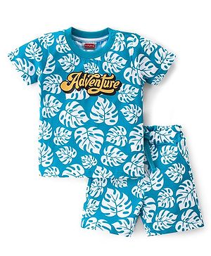 Babyhug 100% Cotton Knit Half Sleeves T-Shirt & Shorts Set Leaf Print - Blue