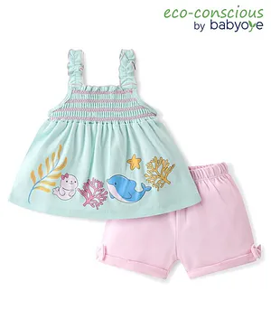 Babyoye 100% Cotton with Eco Jiva Finish Sleeveless Singlet Top & Shorts Set Sea Life Print - Blue & Pink